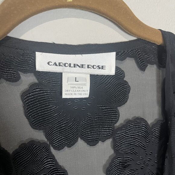 Caroline Rose Cardigan Women’s Large Sheer Black Floral Silk Open Swing Blouse - Picture 4 of 7